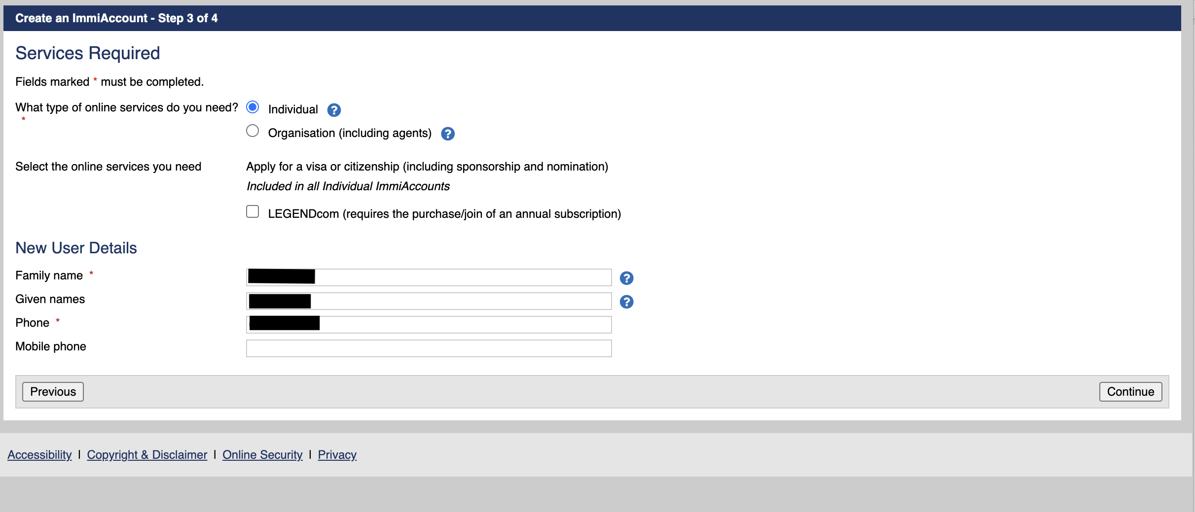 Account type selection